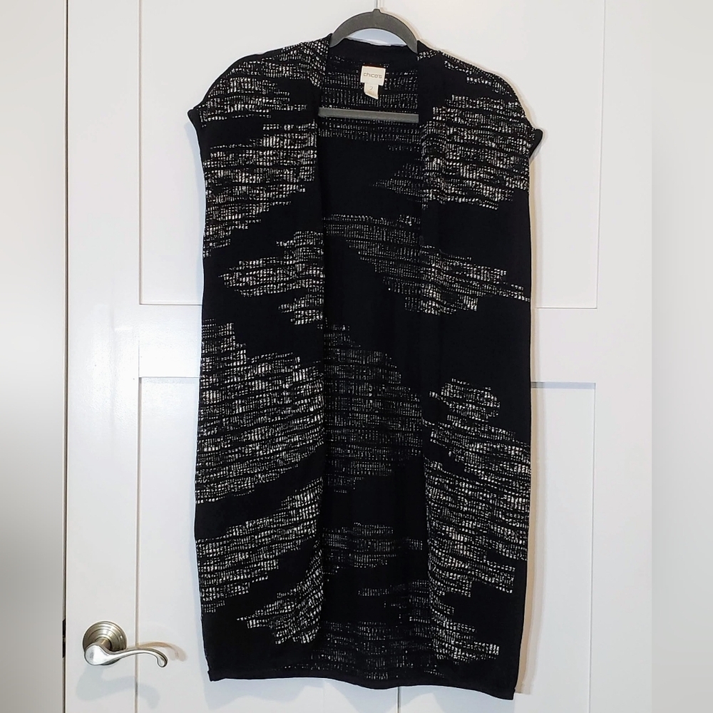 Chico's Long Cardigan Sweater Duster Sleeveless Vest Black White Tweed S…